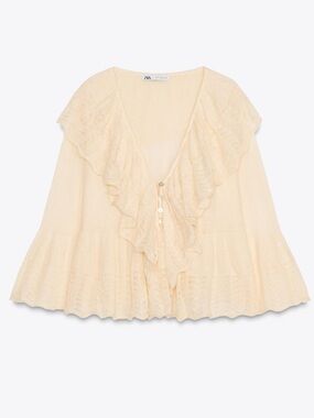 Zara Cream Ruffle Knit Button-Front Blouse